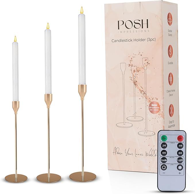 Metal Candle Holders with Flameless LED Ivory Taper Candles (3-Pack) | Flickering Candle with 10-... | Amazon (US)