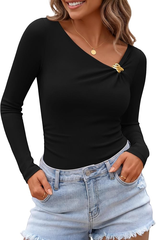 ZESICA Women's Asymmetrical Long Sleeve Ruched Going Out Tops | Amazon (US)