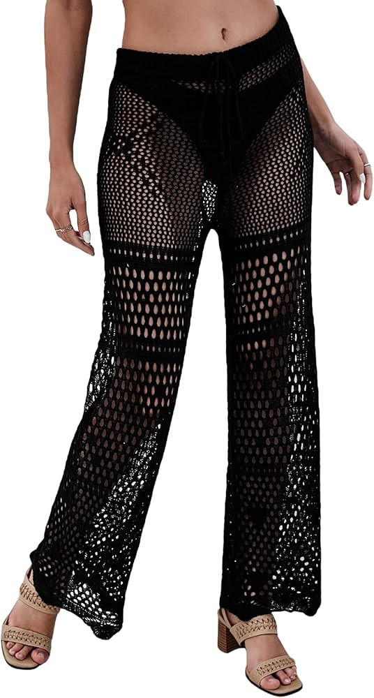 MakeMeChic Women's Cover Up Pants Drawstring Crochet Knitted Sheer Beach Cover Up Pants Swimwear | Amazon (US)