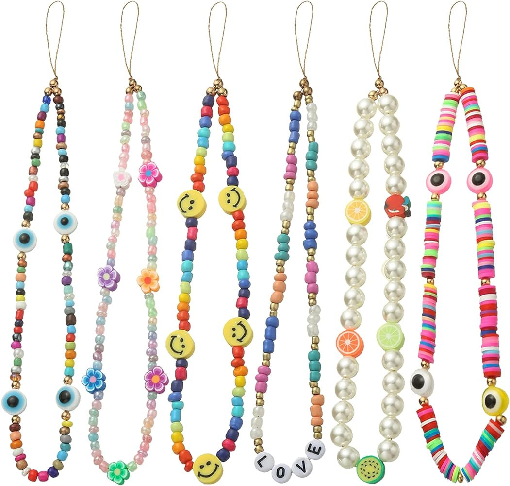 Taouzi 6PCS Beaded Phone Lanyard Wrist Strap Face Beaded Phone Charm Fruit Star Pearl Rainbow Col... | Amazon (US)