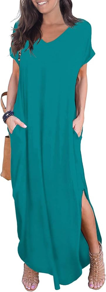 Women's Casual Loose Pocket Long Dress Short Sleeve Split Maxi Dresses | Amazon (US)