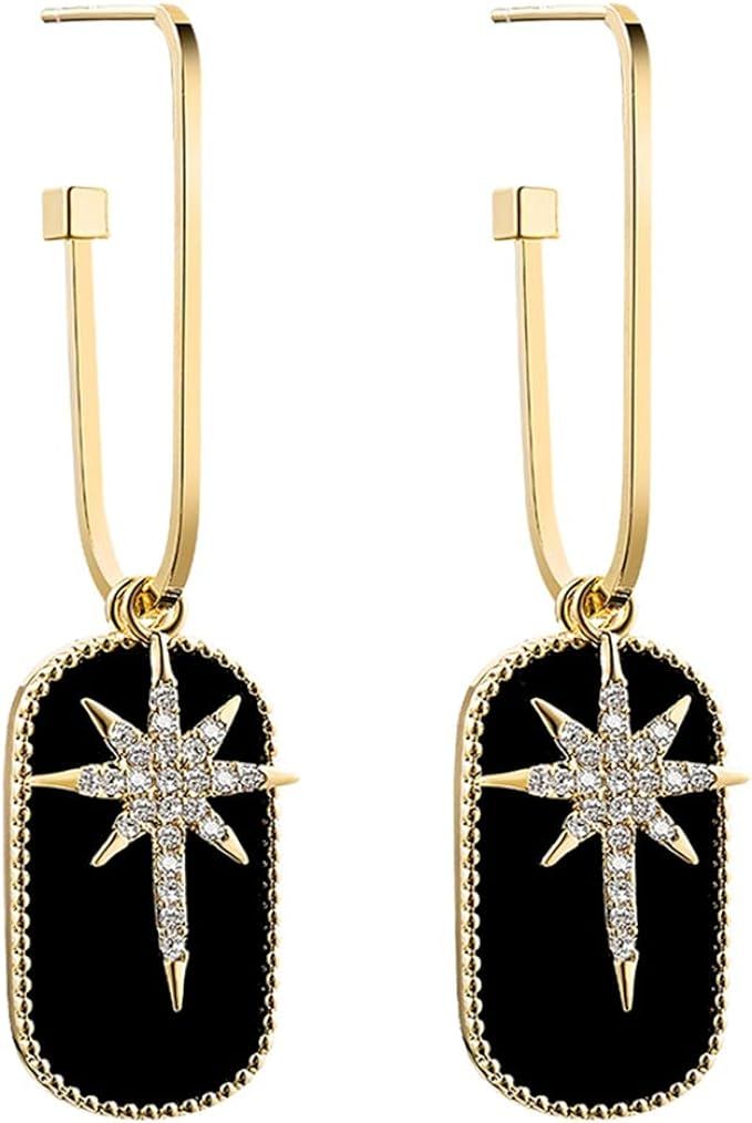 GLPAHA Stars and Black Sterling Silver Hook Dangle Earrings for women with 18K Gold-plated Detach... | Amazon (US)