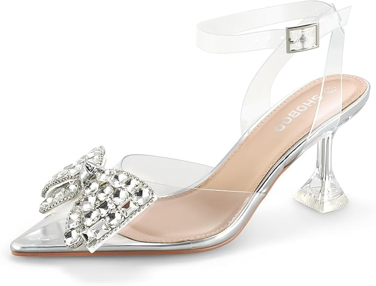 Women's Rhinestone Bow Clear Heels Pointed Toe Pumps Slingback Wedding Party Dress Shoes | Amazon (US)