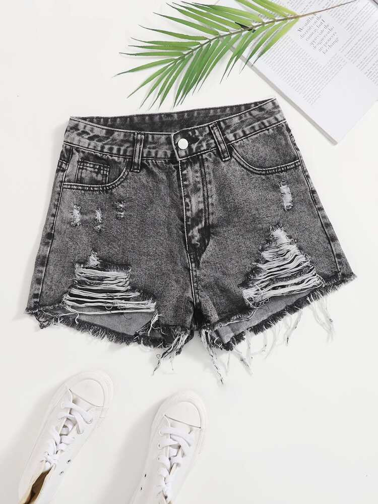 Ripped Detail Denim Shorts | SHEIN