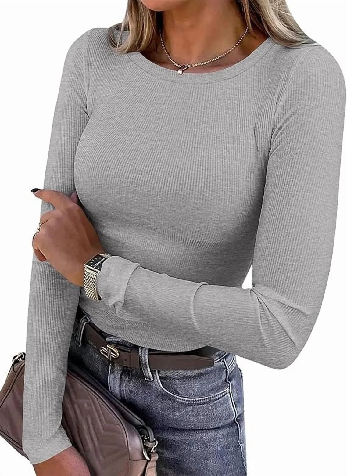 PRETTYGARDEN Women Summer Long Sleeve Shirts Ribbed Knit Crewneck Fitted Basic Tee Going Out Tops... | Walmart (US)