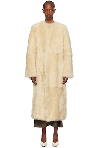 Beige Silky Shearling Coat | SSENSE