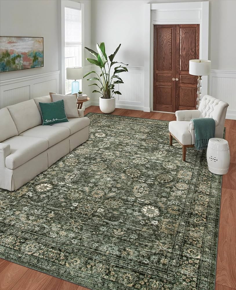 Morebes Vintage Green Living Room Rug, 9x12 Area Rug Washable Boho Rugs for Bedroom, Soft Dining ... | Amazon (US)
