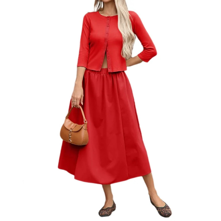 Women 2 Pieces Knit Sets 3/4 Sleeve Button Down Cardigan Tops and Skirt Outfit | Walmart (US)