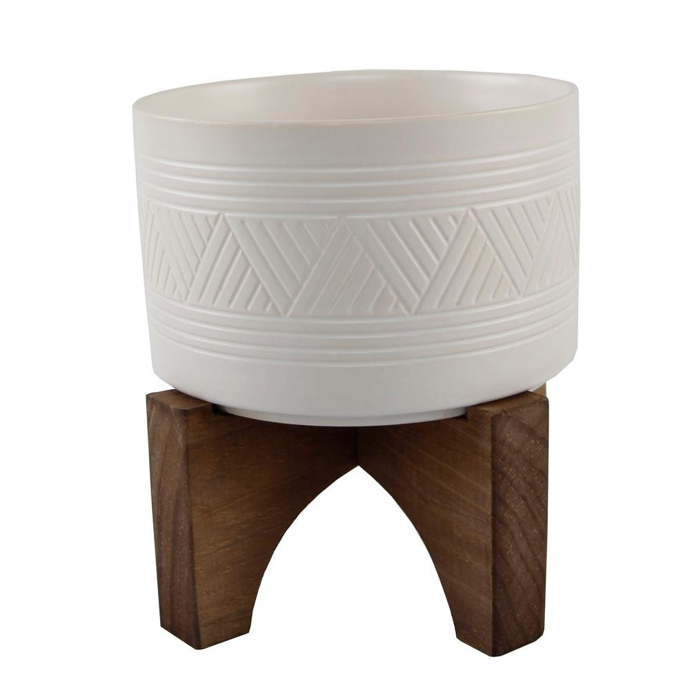 Flora Bunda 7 in. Matte White Mountain Ceramic Pot on Wood Stand Mid-Century Planter | The Home Depot