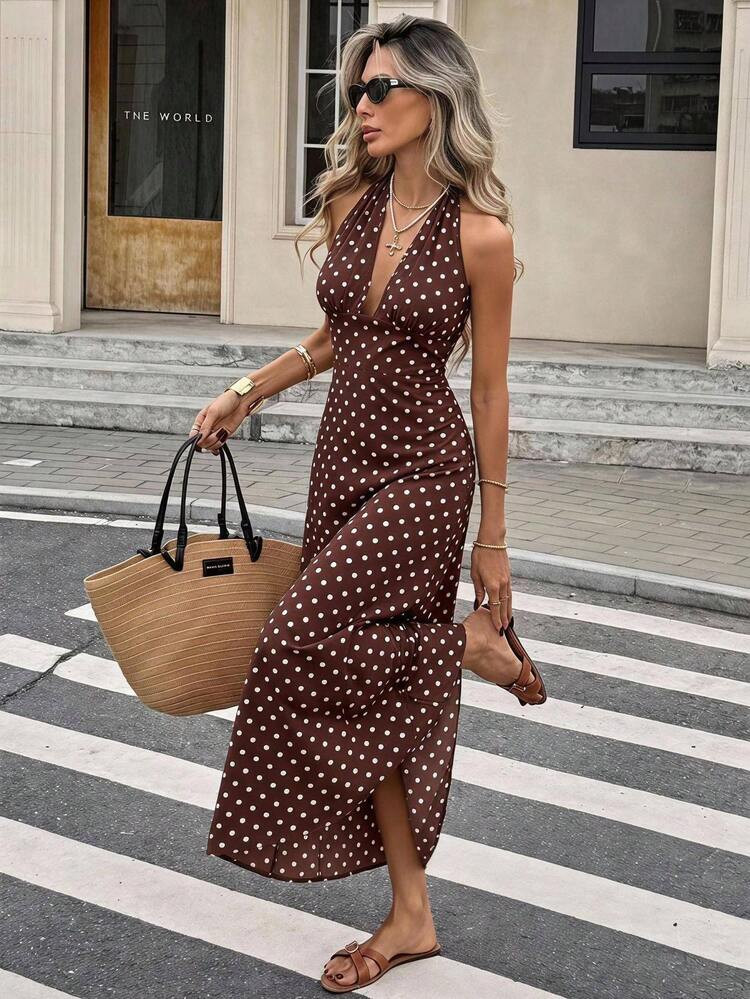 Serisse Women's Deep V-Neck Polka Dot Print Fashionable Halter Dress | SHEIN