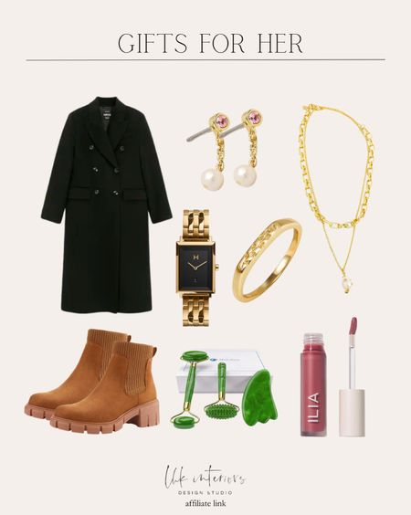 Black coat. Gold wood rose earring and necklace. Gold signet ring. Gold and black ring. Ilia lip oil. Gua sha jade set. Brown leather boots   Gifts for her Amazon mango Madewell

#LTKbeauty #LTKGiftGuide #LTKstyletip