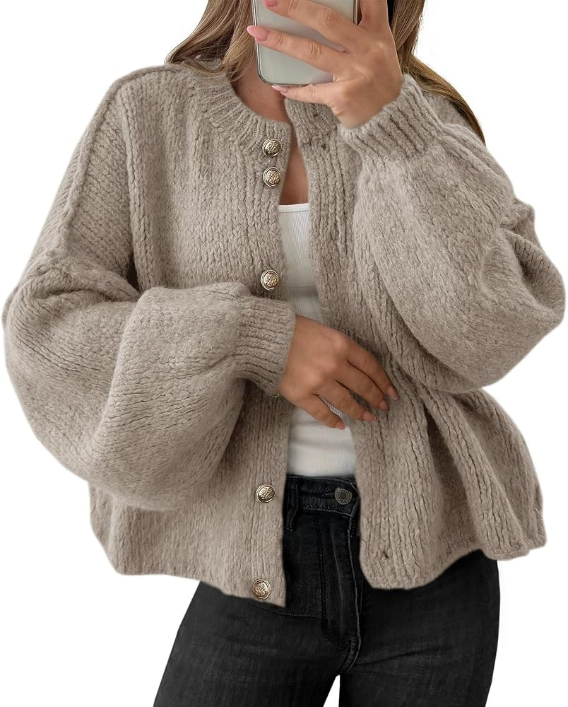 Saodimallsu Womens Oversized Cardigans Button Up Long Lantern Sleeve Chunky Knit Casual Soft Fall... | Amazon (US)