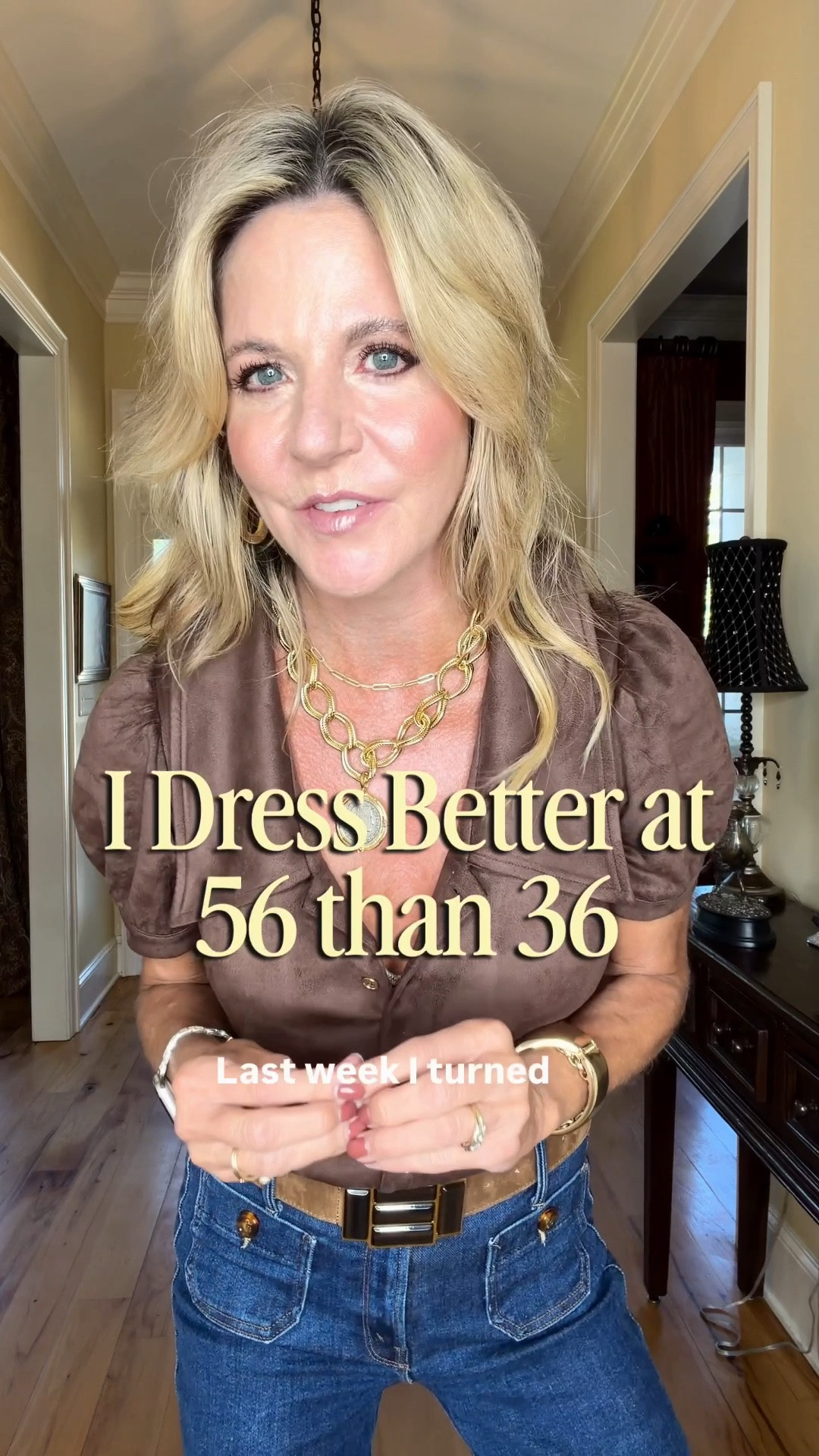 I turned 56 last week, and I like getting dressed more now than I did at 36.
And the reason is so simple. It's because I stopped dressing how I thought I was SUPPOSED to, and started dressing how I wanted to.
Nothing magical. Just a mindset shift. 
I wear what feels like me. I don't care whether something is “age appropriate". I care how I feel in the outfit and if it reflects my style.
That has made getting dressed a whole lot more fun.

I’m in XS in the top (size up if unsure, it’s a little snug on me), 25 in the jeans  & XS in the belt.

#LTKootd #LTKstorytime #LTKOver40