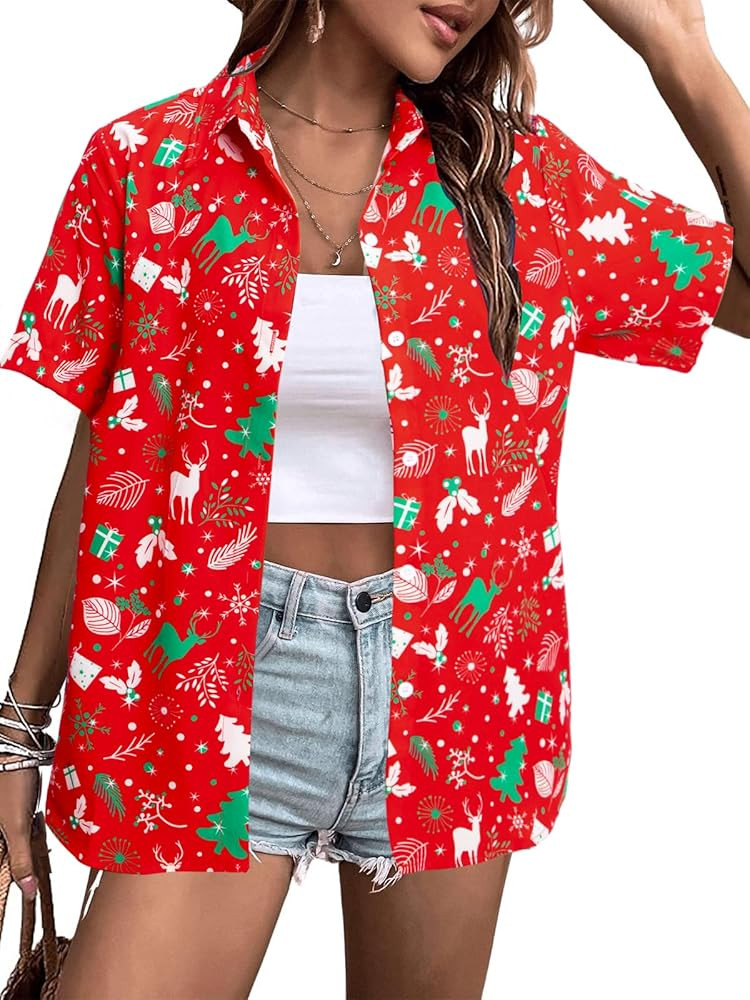 Christmas Shirt Women Hawaiian Button Down Shirts Vintage Christmas Graphic Short Sleeve Button U... | Amazon (US)