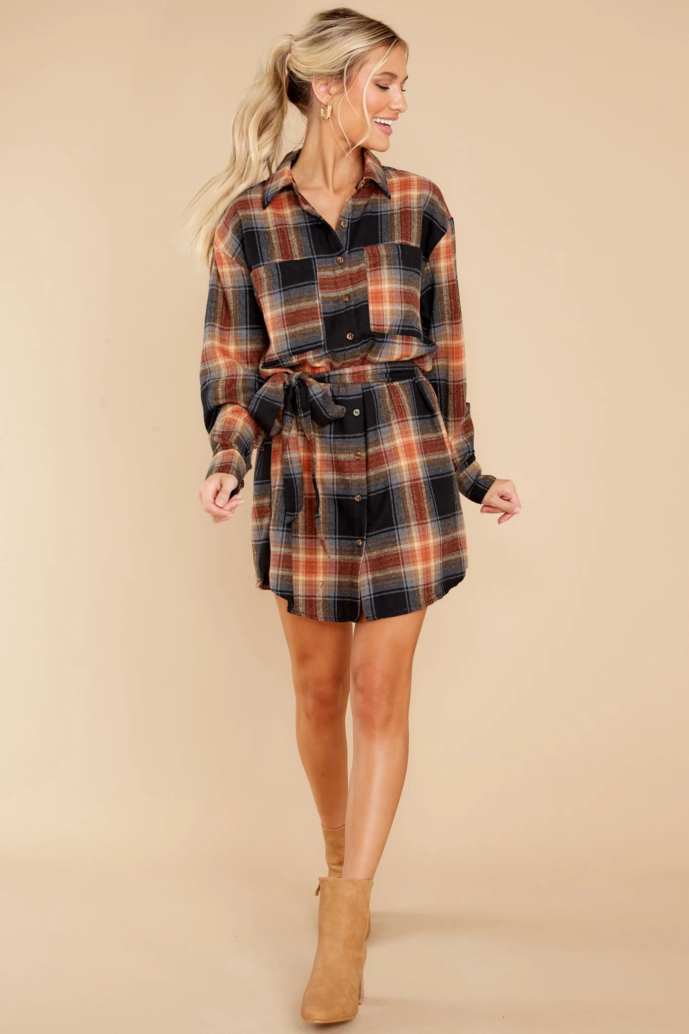 Make Time Black And Rust Plaid Dress | Red Dress 