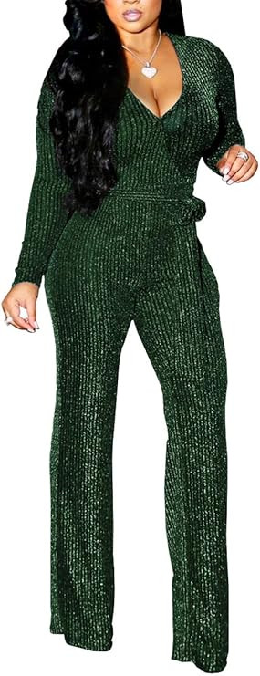 LightlyKiss Women Casual Sexy V Neck Sparkly Jumpsuits Long Sleeve Onesie Loose Pants Party Clubw... | Amazon (US)