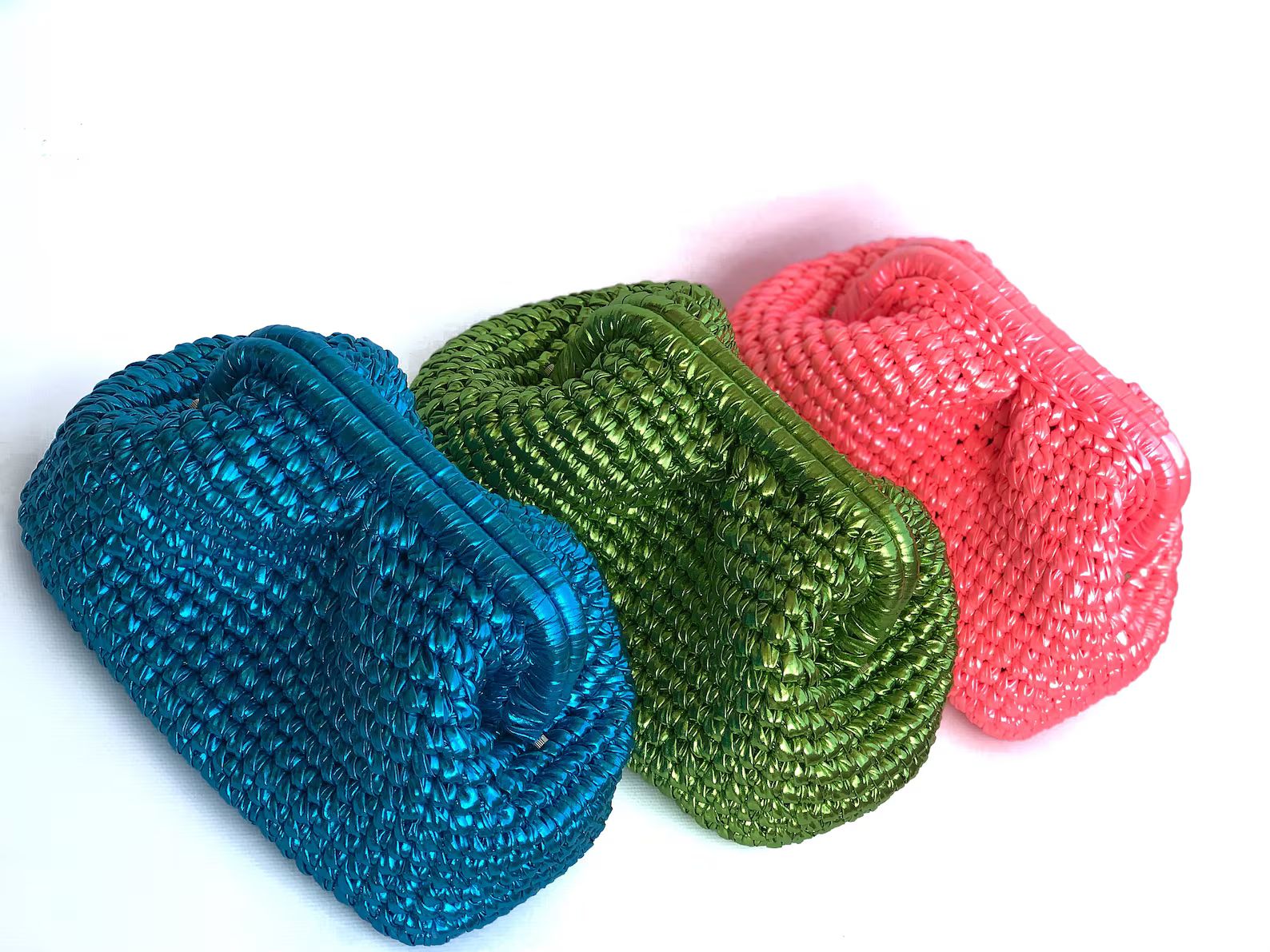 Metallic Raffia Clutch Pouch Bag, Evening Knitted Crochet Handbag - Etsy | Etsy (US)