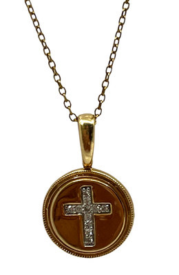 14K Solid Yellow Gold Dainty Diamond Cross Round Pendant Necklace 16-18"in Adjus  | eBay | eBay US