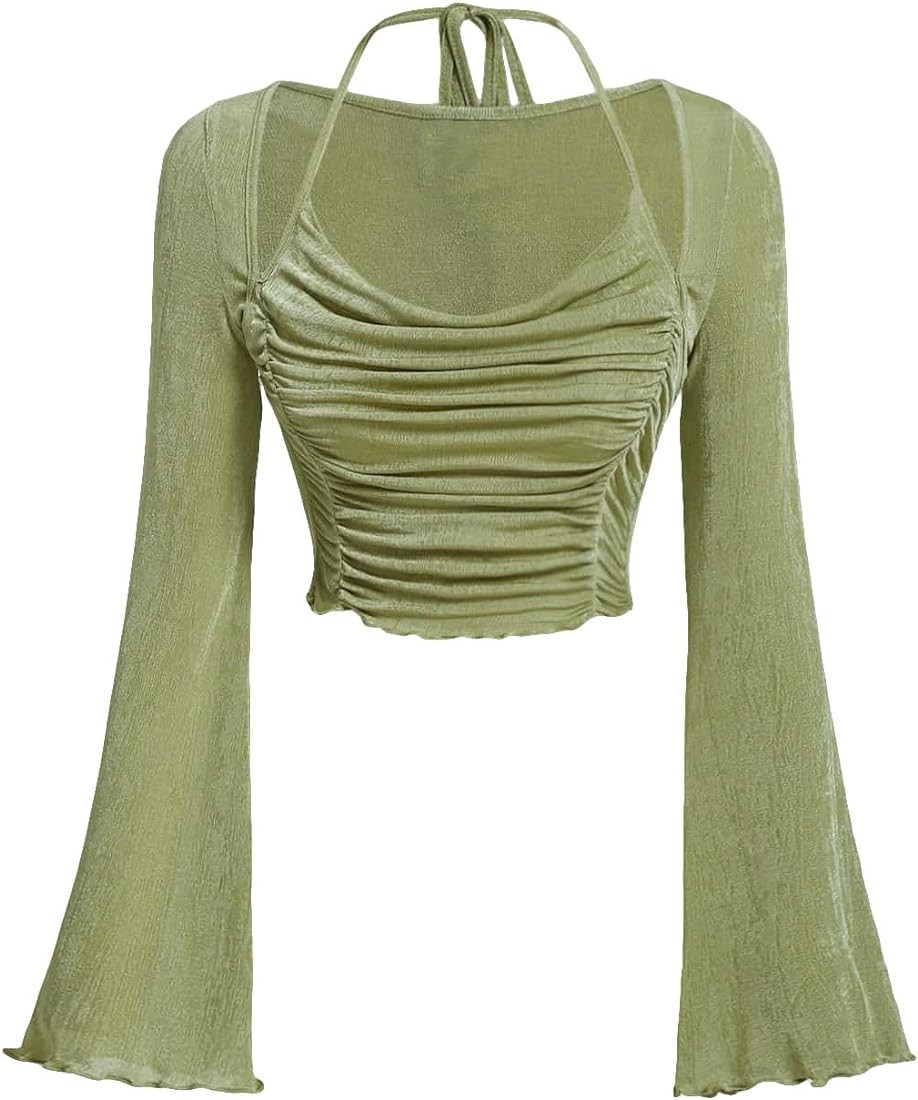 COZYEASE Women's Y2K Ruched Lettuce Trim Tie Back Long Sleeve Asymmetrical Cut Out Halter Crop To... | Amazon (US)