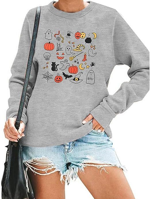 SUPEYA Womens Halloween Sweatshirts Pumpkin Ghost Shirt Cute Fall Crew Neck Long Sleeve Shirt | Amazon (US)