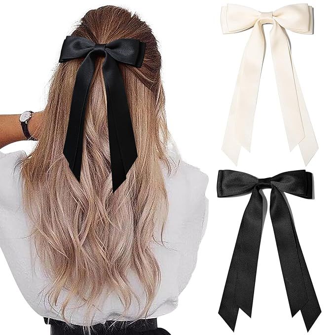 2PCS Silky Satin Hair Bows Hair Clip Beige Black Hair Ribbon Ponytail Holder Accessories Slides M... | Amazon (US)