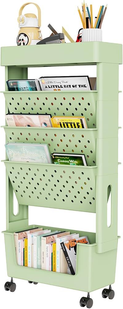 5 Tier Rolling Utility Cart Mobile Bookshelf Cart with Wheels, Movable Book Case Document Files S... | Amazon (US)