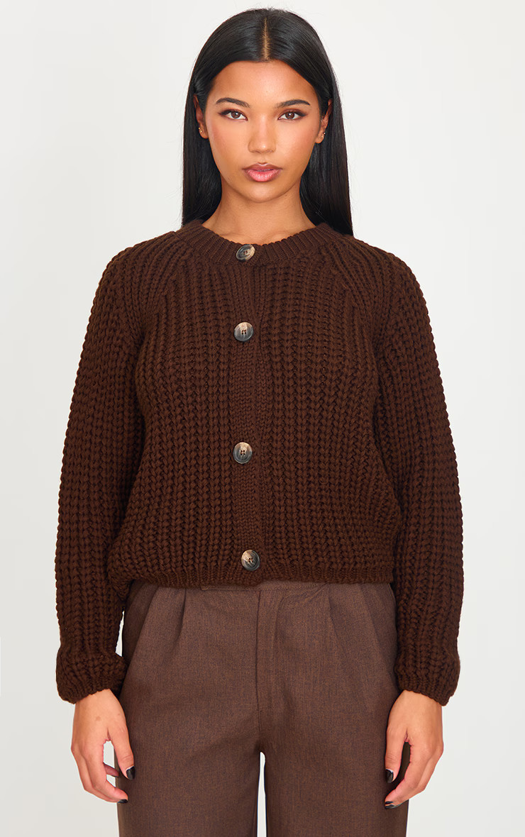 Chocolate Chunky Cable Knit Button Up Cardigan | Knitwear | PrettyLittleThing US