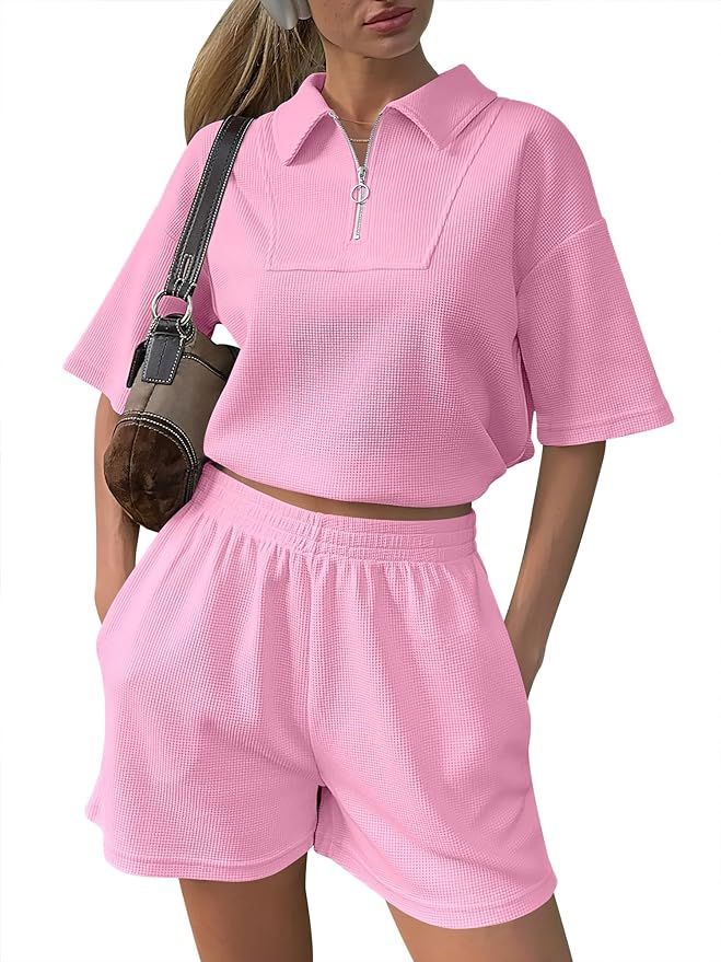 ANRABESS Women's 2 Piece Outfits Half Zip Lapel Collar Short Sleeve Drawstring Crop Tops Short Pa... | Amazon (US)