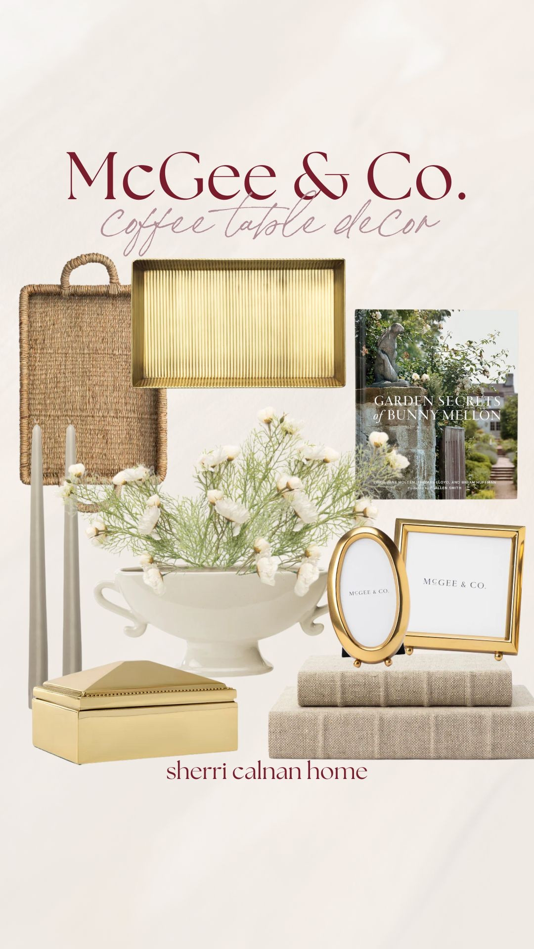 McGee and Co coffee table decor styled with warm brass tones, soft greenery, and classic neutral accents that create an elevated yet effortless layered look.
 Coffee table styling, McGee and Co decor, neutral living room accessories, brass decor accents, coastal neutral styling, organic modern decor, sherri calnan home

#LTKHome