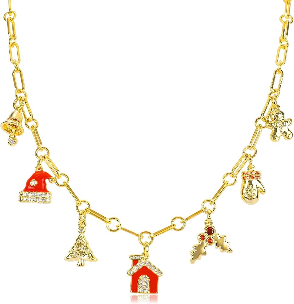 Gold Christmas Charm Necklace for Women 14K Gold Plated Christmas Tree Snowflake Stocking Cane Pr... | Amazon (US)