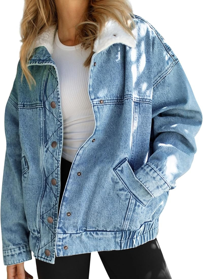 Tankaneo Oversized Denim Jackets Trendy Button Down Long Sleeve Sherpa Collar Warm Jean Jacket wi... | Amazon (CA)