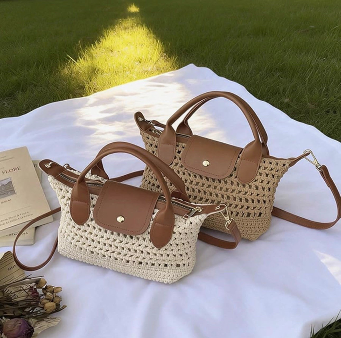 Small Woven Tote Purse with Leather Top Handle