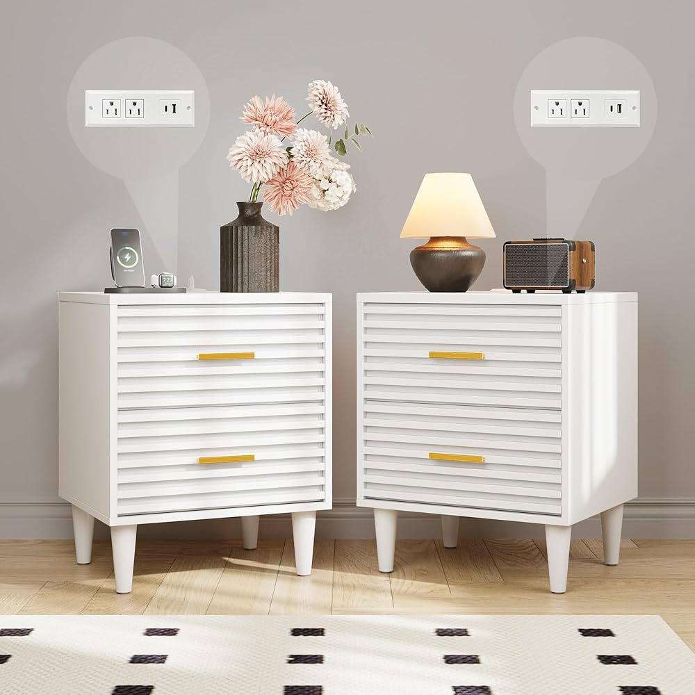 Alohappy Night Stand with Charging Station Set of 2, Bedside Table with 2 Drawers, Mid Century Mo... | Amazon (US)