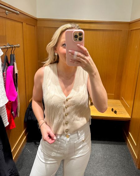 Soft pink cashmere cable knit sweater vest with beautiful gold buttons. It’s giving sipping a rosé in Newport this August 🙆🏼‍♀️🥂 True to size, in the XS  Also wearing with white wide leg jeans with gold buttons. True to size as well! #JCrew #JCrewObsessed #classicstyle #springstyle #springstyleinspo #outfitinspo #summerstyle #summerinspo #springbreakoutfits 

#LTKstyletip #LTKsalealert #LTKSeasonal