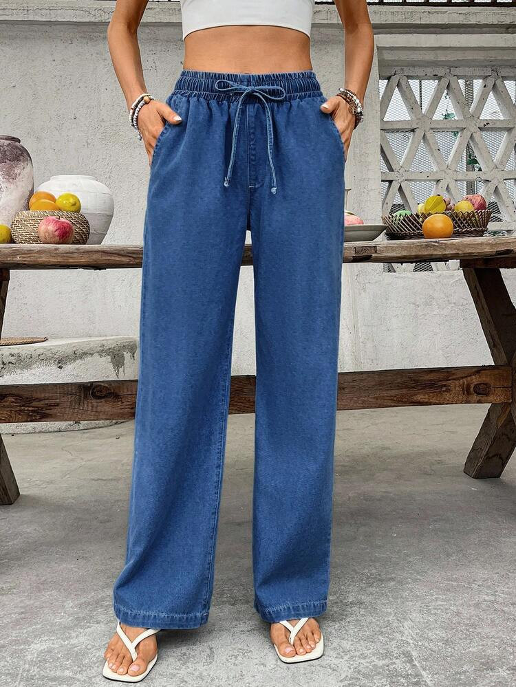 Breezaya Women's Casual Commuter Versatile Solid Color Drawstring Waist Slant Pocket Straight Leg Jeans | SHEIN