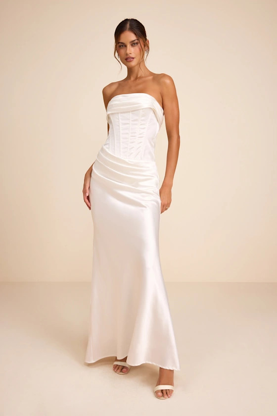 Dawn White Satin Strapless Column Maxi Dress | bride to be outfits | bride dress  | Lulus