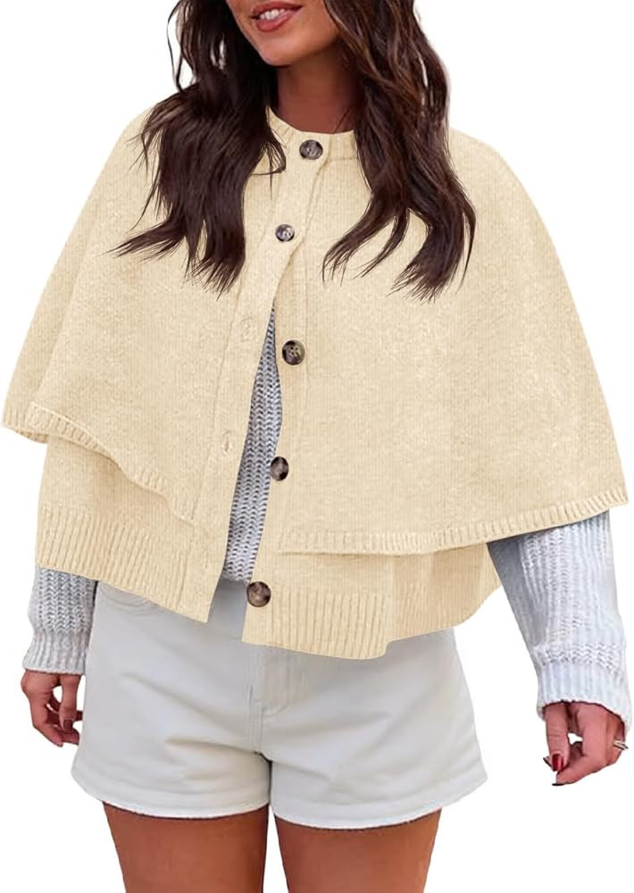 Saodimallsu Womens Cropped Cape Cardigan Button Up Crew Neck Jacket Shawl Fall Trendy Knit Sweate... | Amazon (US)