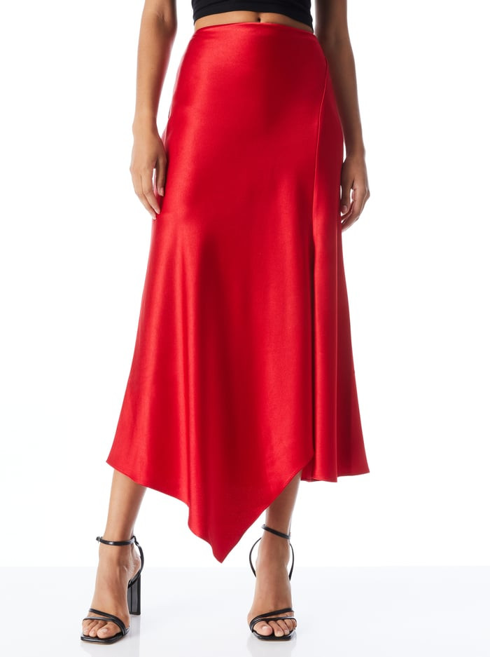 HARMONY DRAPEY ASYMMETRICAL MIDI SKIRT | Alice + Olivia