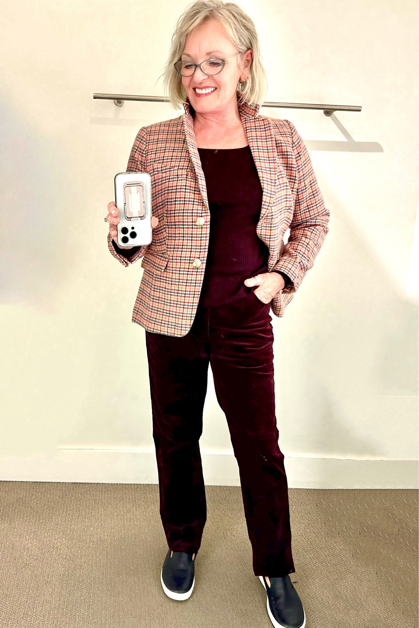 Great Shetland blazer over rich burgundy top and stretch corduroy pants. 
All for true to size from Talbots in petite, regular and plus  

#LTKmidsize #LTKSeasonal #LTKover40