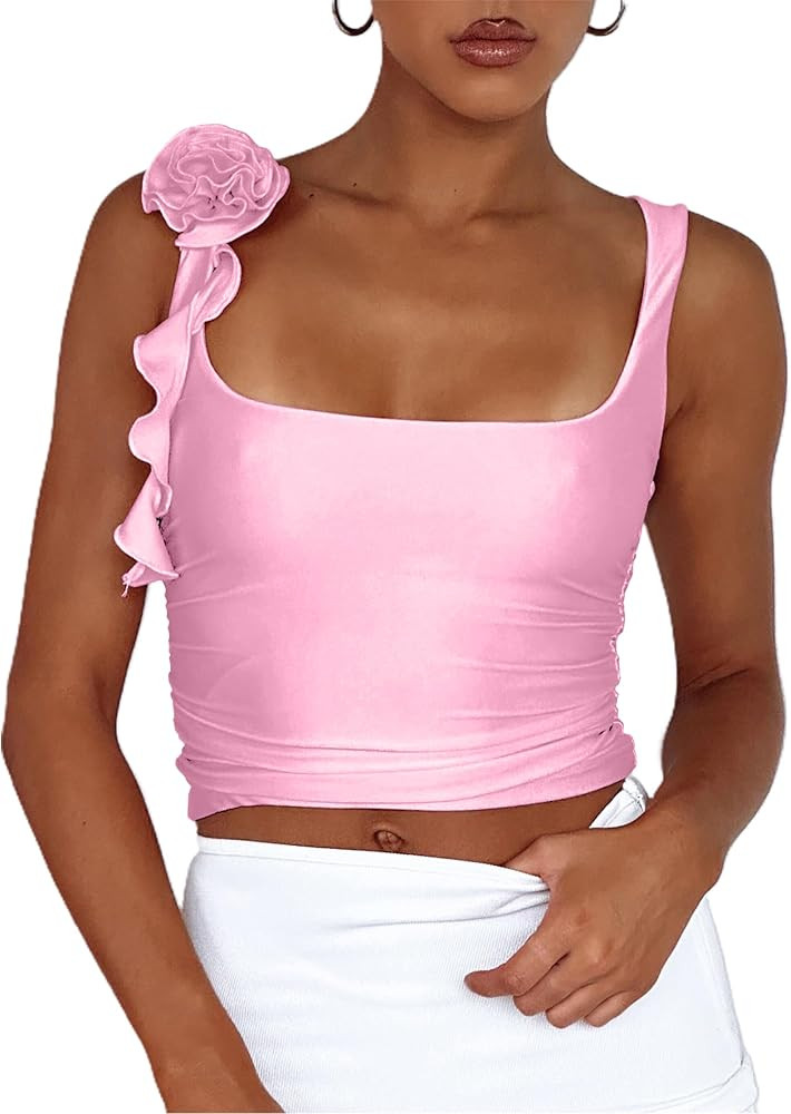 CSDAJIO Women's Vintage 3D Flower Rosette Square Neck Crop Tank Top Double Layer Sleeveless Strap... | Amazon (US)