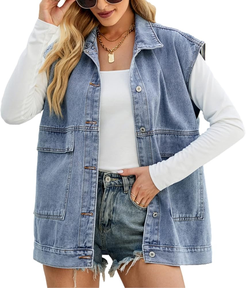 Bozanly Oversized Denim Vest for Women Vintage Distressed Button Down Sleeveless Jean Vest Jacket... | Amazon (US)