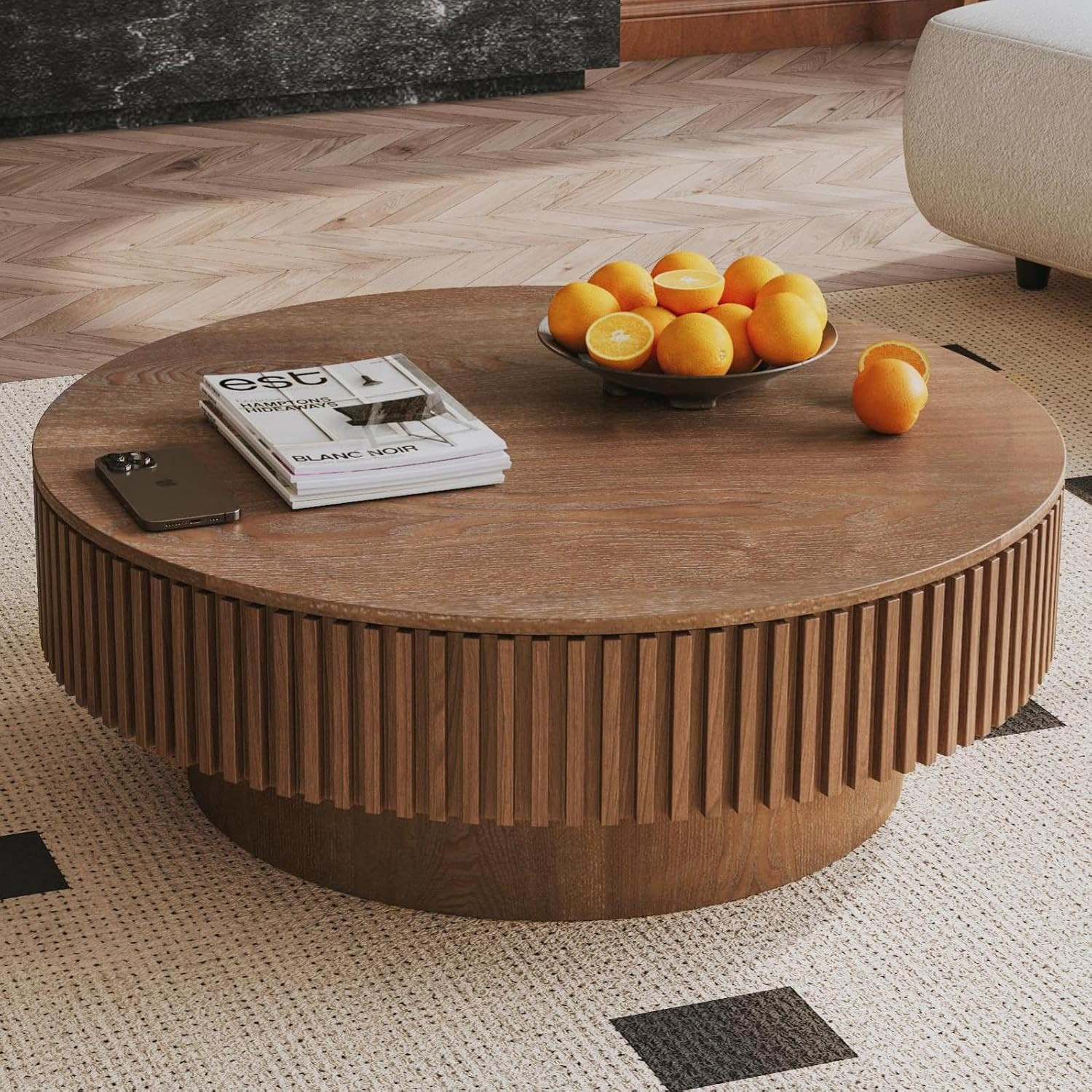 31.5" Small Round Coffee Table with Storage for Living Room, Fluted, Walnut | Amazon (US)