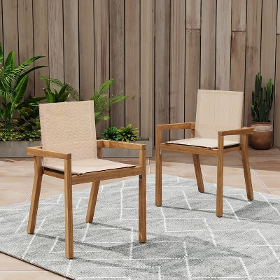 Sapphtopaz Outdoor Dining Chairs Set of 2 Patio Chairs with Wood Frame and Mesh Seating for Poolside, Garden, Backyard, Teak+ Beige | Target