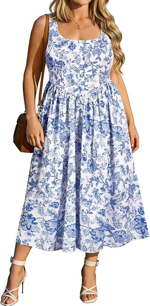 RITERA Plus Size Summer Dresses for Curvy Women Maxi Square Neck Sleeveless Casual Beach Sundress... | Amazon (US)