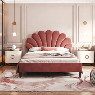 Upholstered Platform Bed With Flower Pattern Velvet Headboard | Wayfair North America
