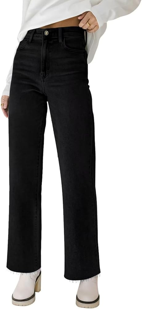 KDF Straight Leg Jeans for Women High Waisted Jeans Frayed Baggy Pants Raw Hem Loose Stretchy Cro... | Amazon (US)