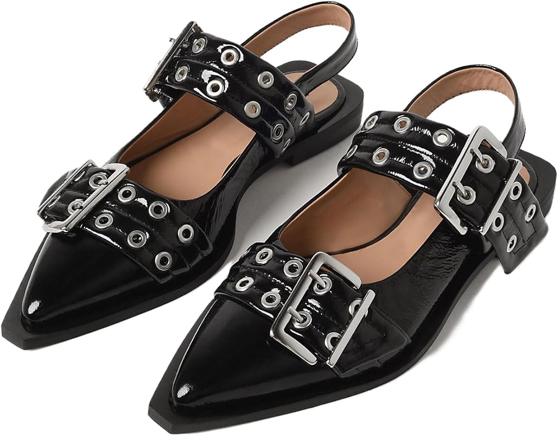Buckle Ballet Flats for Women Low Heel Slingback Flats Casual Pointed Toe Ballerinas Flats Dressy... | Amazon (US)
