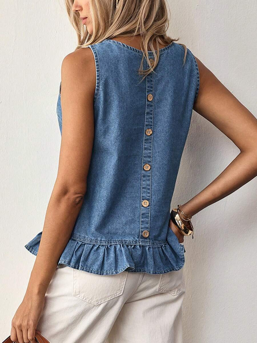 EMERY ROSE Vacation Casual Sleeveless Denim Top With Back Buttons And Ruffle Hem | SHEIN