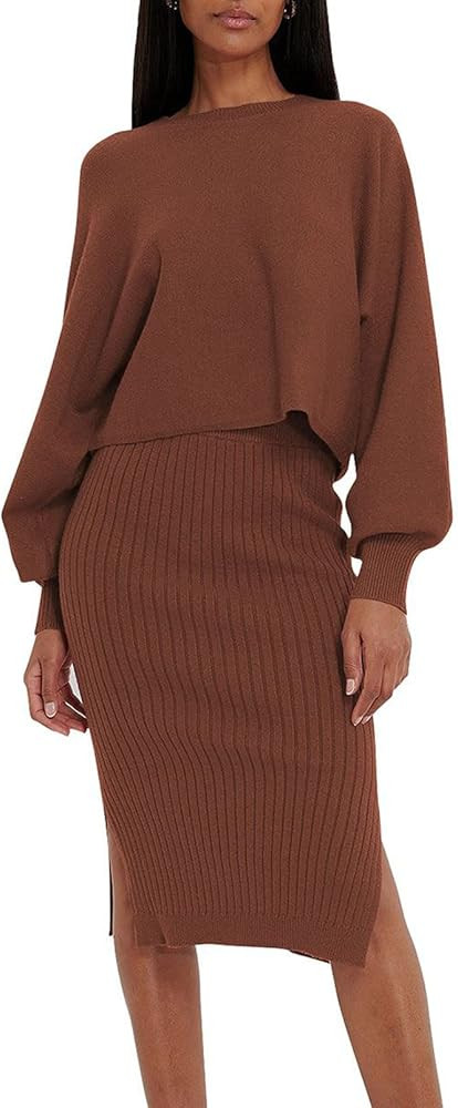 Pink Queen Women's 2 Piece Sweater Outfit Sets Puff Long Sleeve Knit Top and Bodycon Slit Midi Sk... | Amazon (US)
