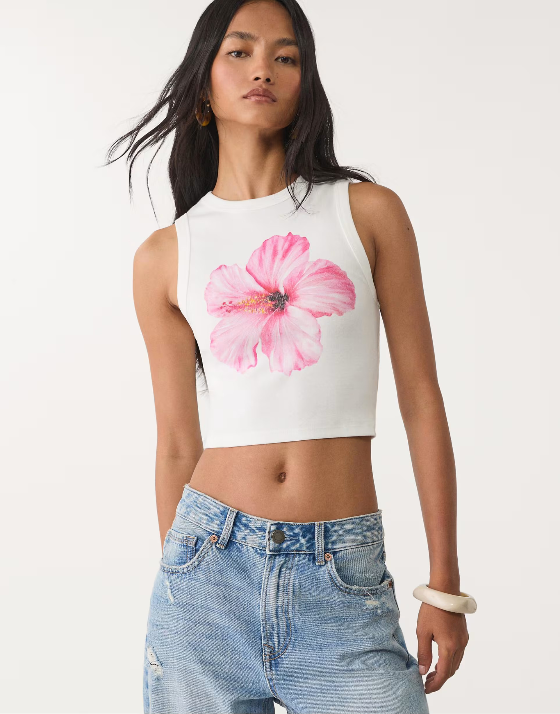 Stradivarius hibiscus racerback top in ecru | ASOS | ASOS (Global)